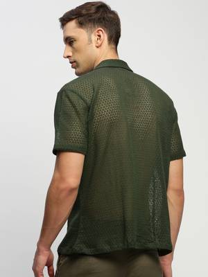 men's short sleeves solid olive  sheer shirt 4