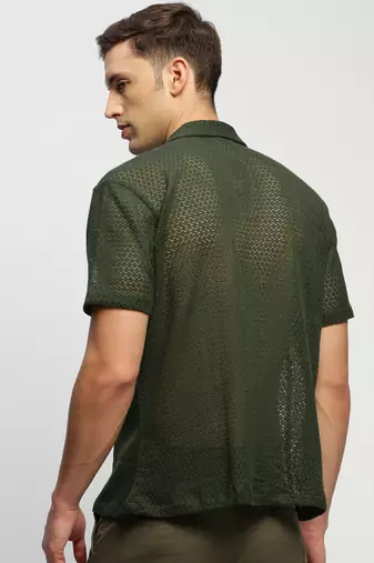 men's short sleeves solid olive  sheer shirt