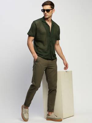 men's short sleeves solid olive  sheer shirt 5