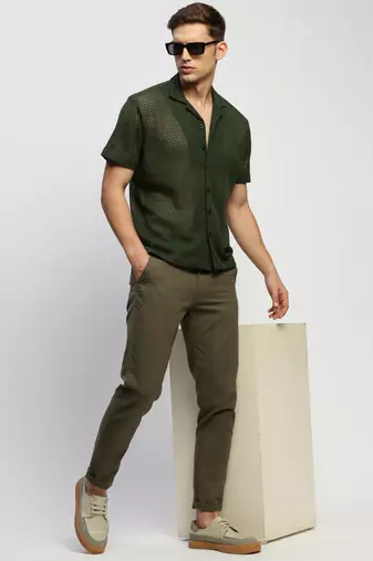 men's short sleeves solid olive  sheer shirt