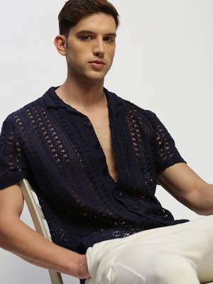 men's short sleeves solid navy blue  sheer shirt 1