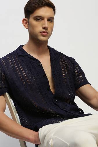 men's short sleeves solid navy blue  sheer shirt
