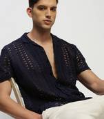 men's short sleeves solid navy blue  sheer shirt