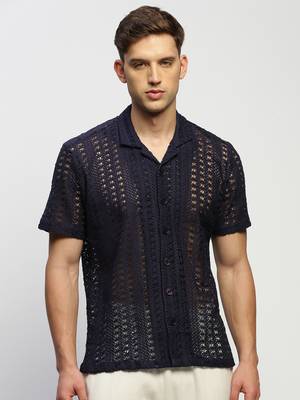 men's short sleeves solid navy blue  sheer shirt 2