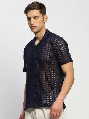 men's short sleeves solid navy blue  sheer shirt 3