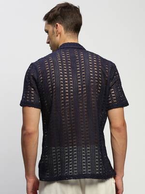 men's short sleeves solid navy blue  sheer shirt 4