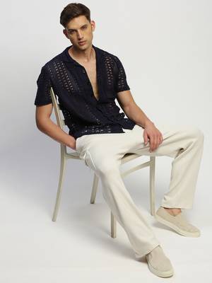 men's short sleeves solid navy blue  sheer shirt 5