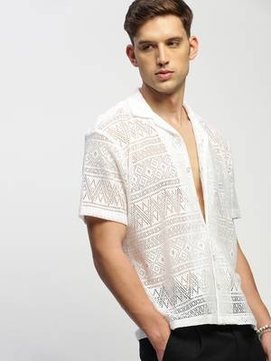 men's short sleeves solid white  sheer shirt 1