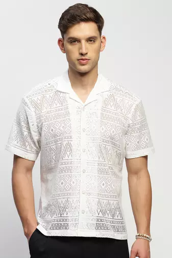men's short sleeves solid white  sheer shirt