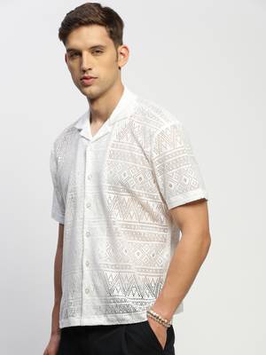men's short sleeves solid white  sheer shirt 3