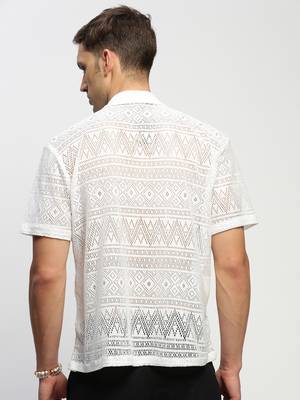 men's short sleeves solid white  sheer shirt 4