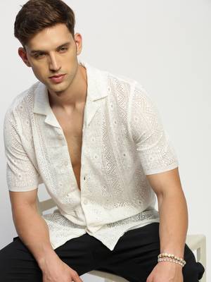 Showoff men's short sleeves solid white  sheer shirt 1