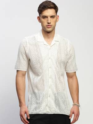 Showoff men's short sleeves solid white  sheer shirt 2