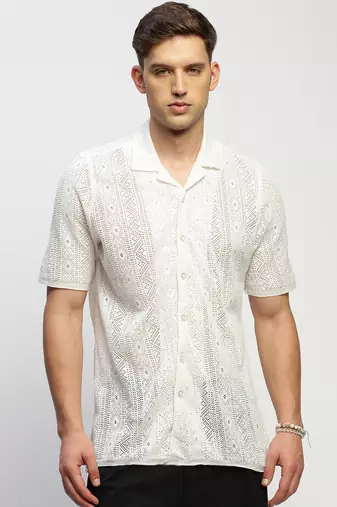 Showoff men's short sleeves solid white  sheer shirt