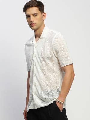 Showoff men's short sleeves solid white  sheer shirt 3