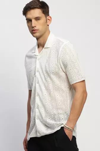 Showoff men's short sleeves solid white  sheer shirt