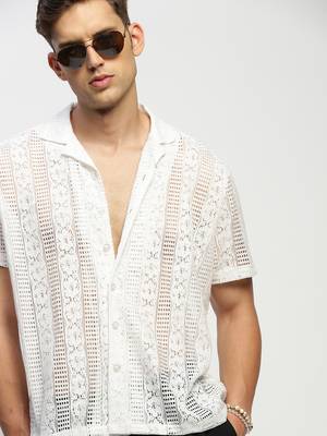 Showoff men's short sleeves solid white  sheer shirt 1