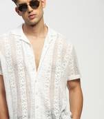 Showoff men's short sleeves solid white  sheer shirt