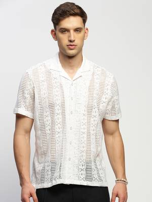 Showoff men's short sleeves solid white  sheer shirt 2
