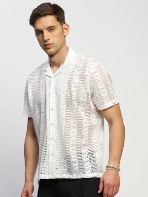 Showoff men's short sleeves solid white  sheer shirt 3