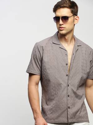 men's short sleeves ethnic motifs grey shirt 1