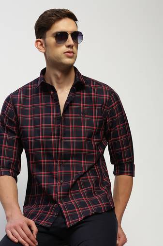 men's long sleeves tartan checks navy blue shirt