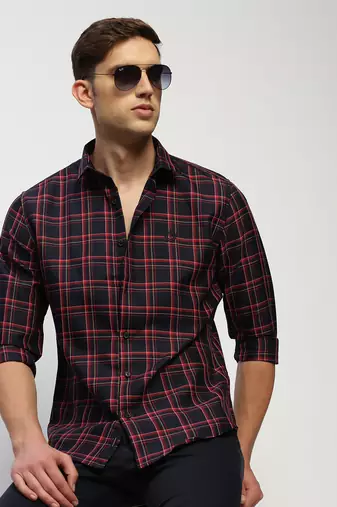 men's long sleeves tartan checks navy blue shirt