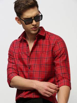 men's long sleeves tartan checks red shirt 1