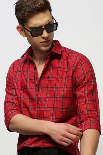 men's long sleeves tartan checks red shirt