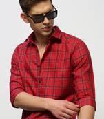 men's long sleeves tartan checks red shirt