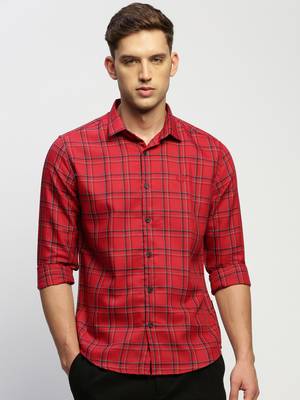 men's long sleeves tartan checks red shirt 2