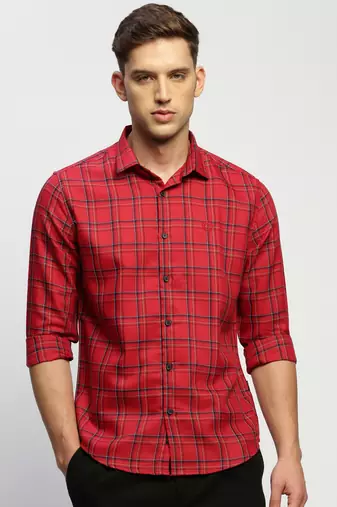 men's long sleeves tartan checks red shirt