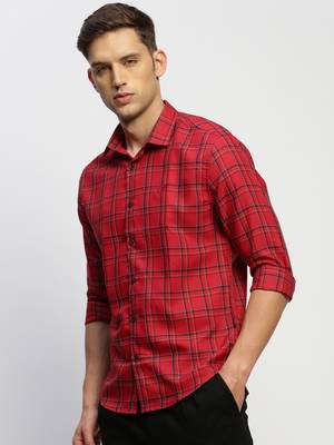 men's long sleeves tartan checks red shirt 3