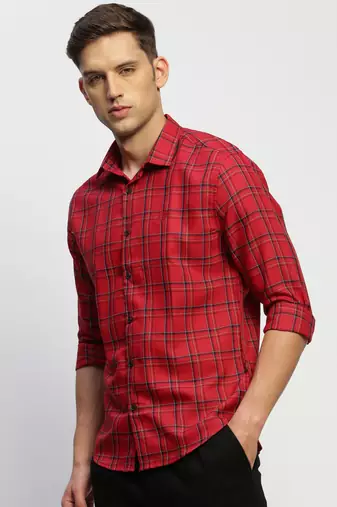 men's long sleeves tartan checks red shirt