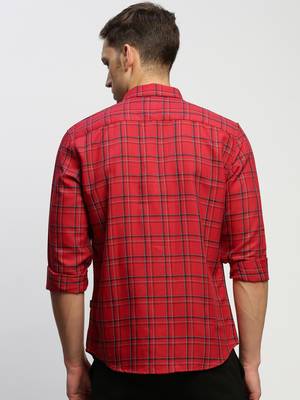 men's long sleeves tartan checks red shirt 4