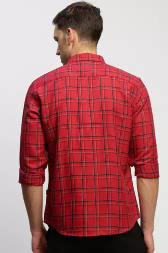 men's long sleeves tartan checks red shirt