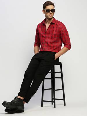 men's long sleeves tartan checks red shirt 5