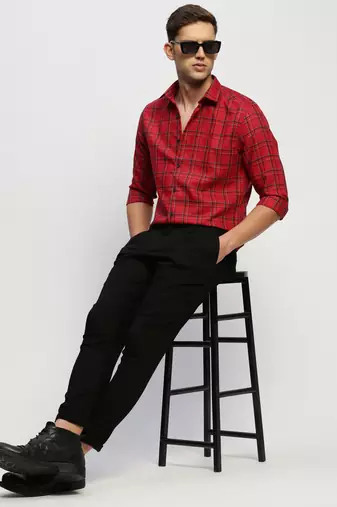 men's long sleeves tartan checks red shirt