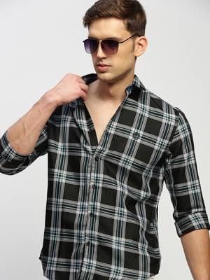men's long sleeves tartan checks black shirt 1