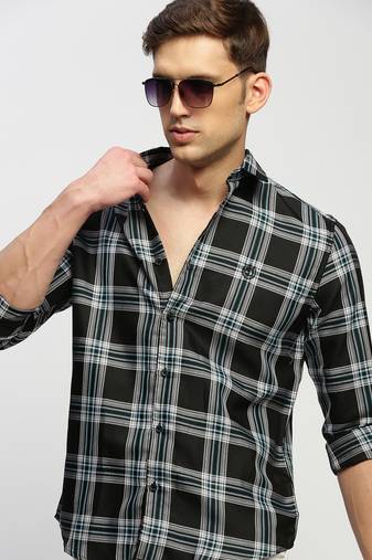 men's long sleeves tartan checks black shirt