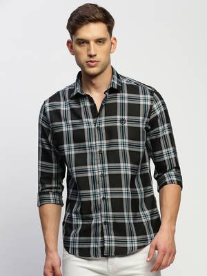 men's long sleeves tartan checks black shirt 2
