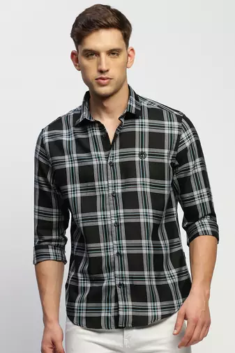 men's long sleeves tartan checks black shirt
