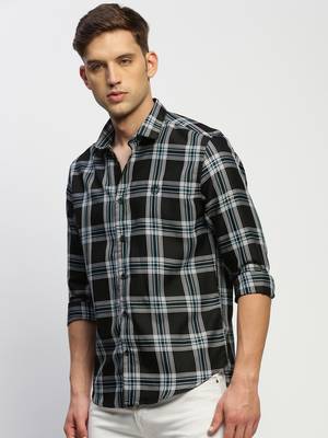 men's long sleeves tartan checks black shirt 3