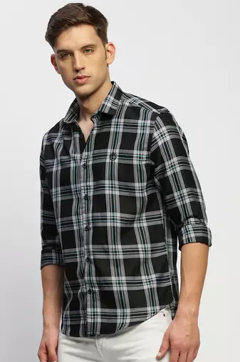 men's long sleeves tartan checks black shirt