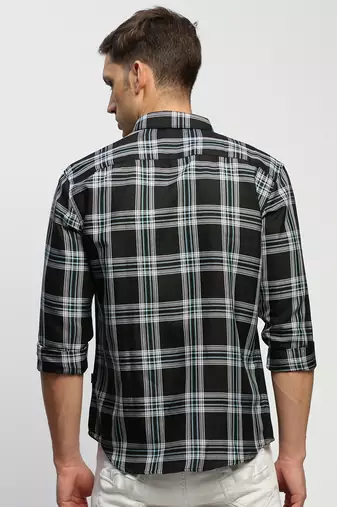 men's long sleeves tartan checks black shirt
