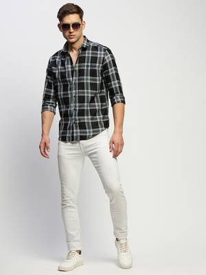 men's long sleeves tartan checks black shirt 5