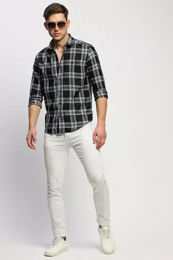 men's long sleeves tartan checks black shirt