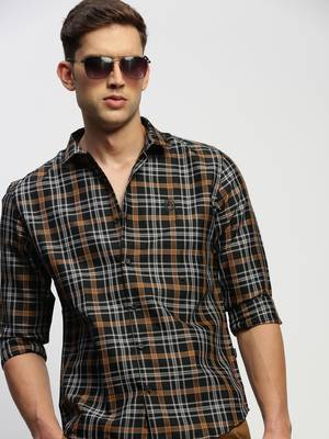 men's long sleeves tartan checks black shirt 1