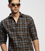 men's long sleeves tartan checks black shirt