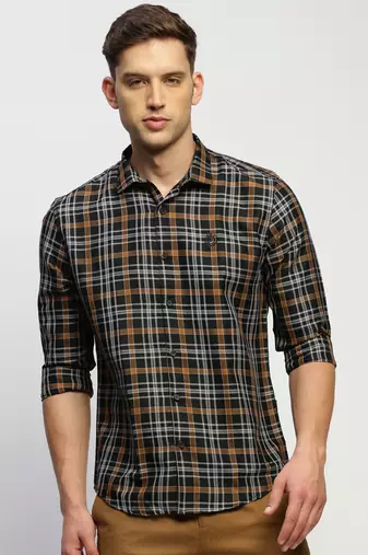 men's long sleeves tartan checks black shirt